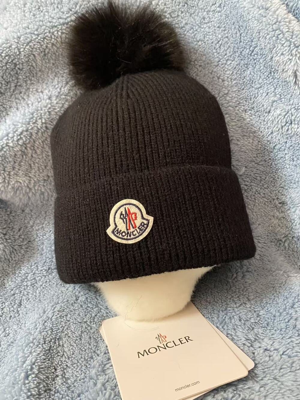 Moncler Black Ribbed Knit Pom Pom Beanie Hat
